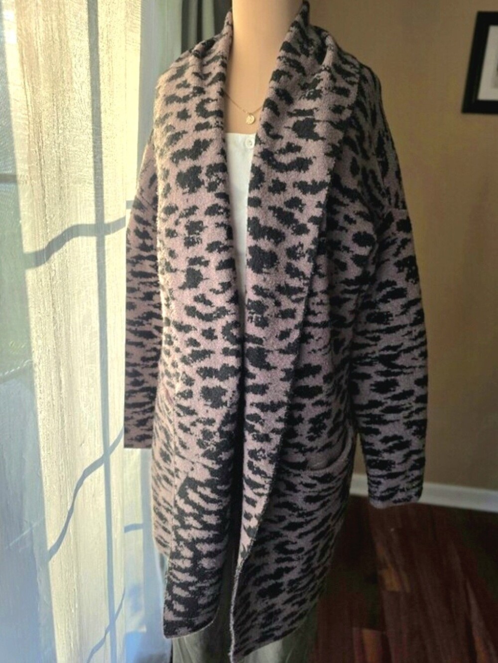 CALIA Leopard Print Plush Duster Cardigan Oversized Long Cozy Sweater Small